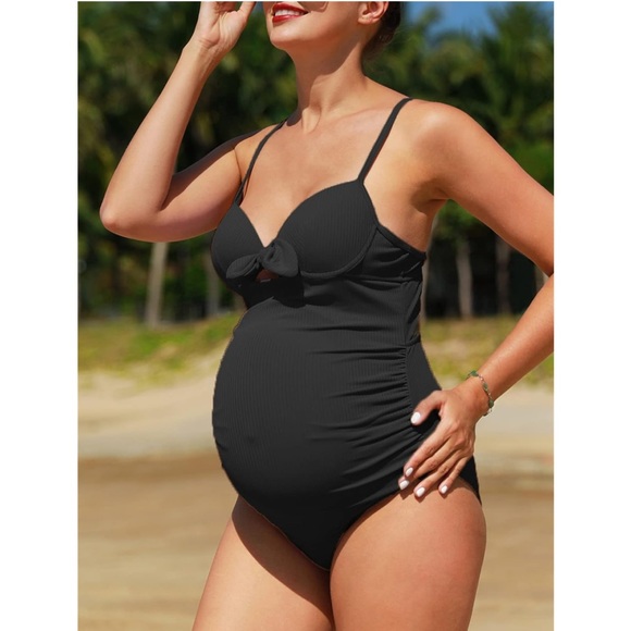 Summer Mae Women's Ribbed Cutout Maternity Swimsuit Tie Knot Front Pregnancy - Picture 3 of 5